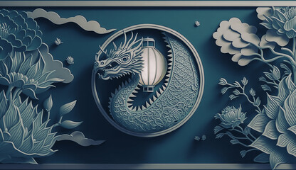 A blue dragon with a gold detail and a symbol for the year of the dragon Generative Ai