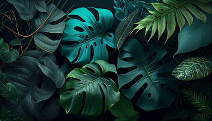 A green tropical foliage leaf pattern backdrop background, Generative AI