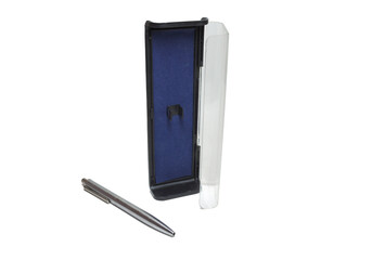 ballpoint pen, retractable, universal flip case with transparent lid and Blue velvet soft lining...