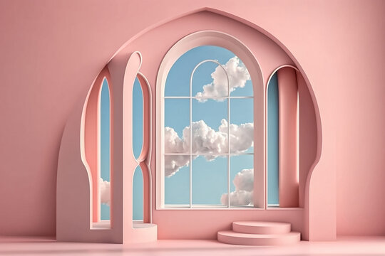 A pink room with a window a blue sky and clouds. Generative Ai