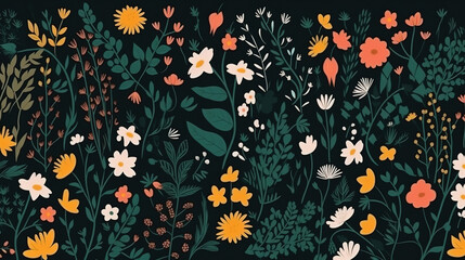 Abstract floral illustration of beautiful and colorful flowers on dark background