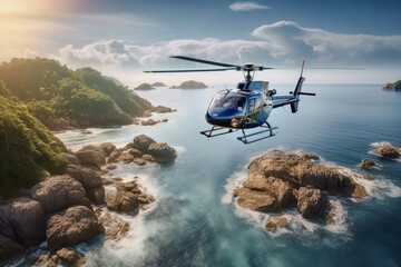 Aireal top view of a helicopter flying over a beautiful blue body of water created with Generative AI technology