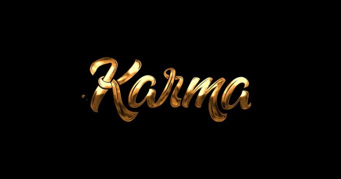 Karma animation text in golden color on the black screen alpha channel. Handwritten text modern calligraphy with ink splash effect motion graphic.
