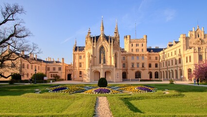 The famous castle during sunset at Lednice, Czech republic