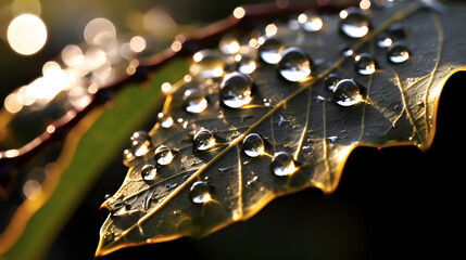 A close-up shot of a dew-covered leaf with water droplets reflecting the sun's rays, showcasing the intricate details of nature