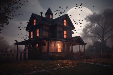Fototapeta na wymiar Halloween haunted house, spooky building with bats and pumpkins, created with generative ai