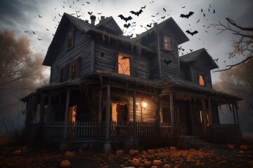 Halloween haunted house, spooky building with bats and pumpkins, created with generative ai