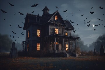 Fototapeta na wymiar Halloween haunted house, spooky building with bats and pumpkins, created with generative ai