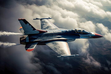 A fighter jet soaring through a cloudy sky during a combat mission created with Generative AI technology