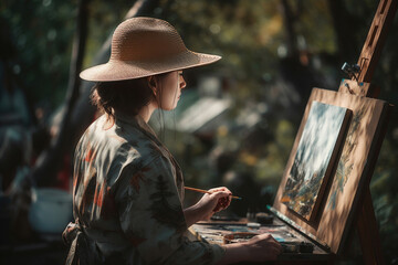 A girl in a hat writes a sketch in nature, created with Generative AI technology.