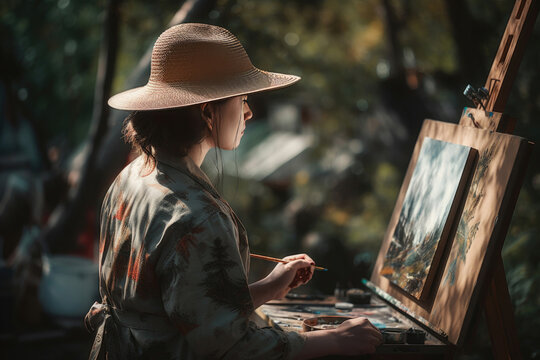 A girl in a hat writes a sketch in nature, created with Generative AI technology.