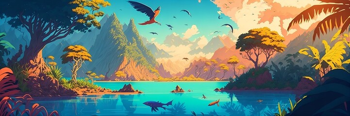 Naklejka na ściany i meble Photo of a scenic lake surrounded by lush trees and birds in flight