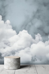 Marble table, white sky wall, grunge cloud texture background, soft blur product display poster design. AI generative