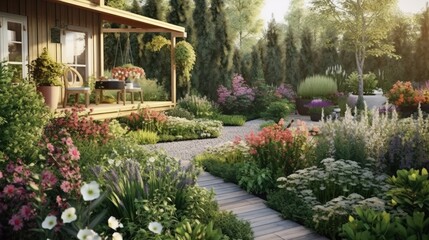 Obraz premium Beautiful blooming flowers and raised garden beds in the backyard garden. Generative AI 