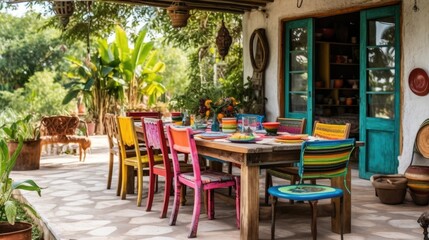 Fototapeta na wymiar A beautifully designed outdoor dining area with colorful rustic wooden chairs. Generative AI 