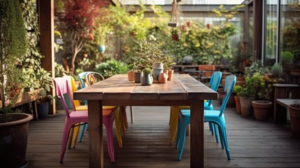 A beautifully designed outdoor dining area with colorful rustic wooden chairs. Generative AI  