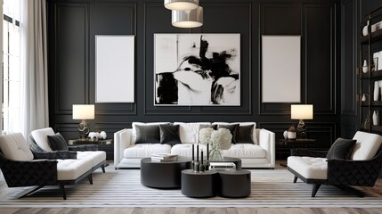 A chic and modern living room with a black-and-white color scheme. Generative AI 