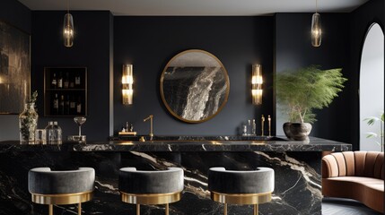 Obraz na płótnie Canvas A chic bar area with a marble black countertop and gold accessories. Generative AI 