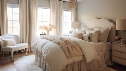 Fototapeta premium A cozy and inviting bedroom with a plush headboard and neutral bedding sheets. Generative AI