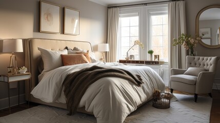 A modern cozy and inviting bedroom with a plush headboard and neutral bedding sheets. Generative AI