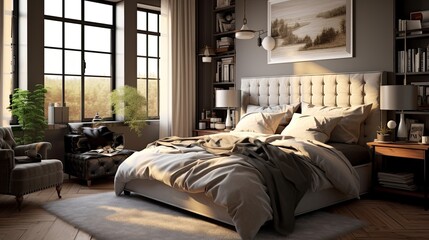 A luxurious cozy and inviting bedroom with a plush headboard and neutral bedding sheets. Generative AI