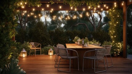 Obraz premium A cozy and inviting place with a dining area with strip lights. Generative AI 