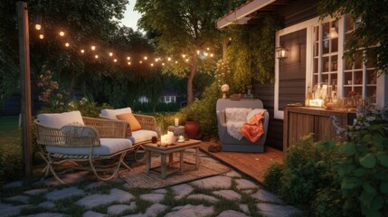 A cozy backyard patio with string lights and a small fireplace. Generative AI
