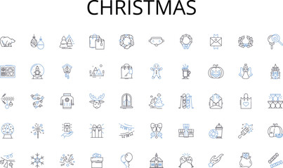 Christmas line icons collection. Wanderlust, Explore, Journey, Discovery, Adventure, Trekking, Excursion vector and linear illustration. Sojourn,Pilgrimage,Expedition outline signs set