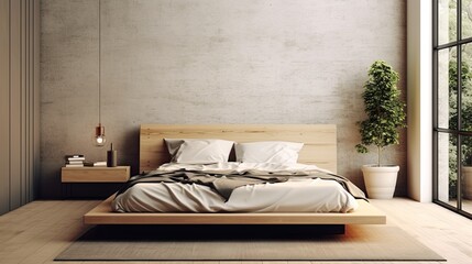 Fototapeta na wymiar A modern living room with a minimalist simple platform bed and decor. Generative AI