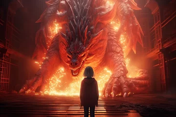 Aluminium Prints Brick Little girl standing in front of huge red fire breathing dragon, fantasy illustration. Generative AI