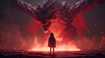 Little girl standing in front of huge red fire breathing dragon, fantasy illustration. Generative AI