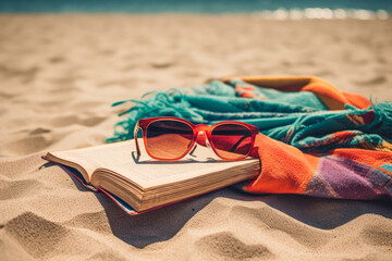 Naklejka premium A beach scene with a book, sunglasses, and blanket for a relaxing summer day created with Generative AI technology