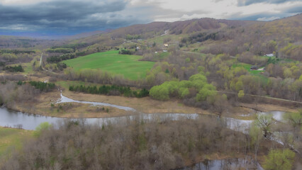 Fototapeta na wymiar aerial view of the Canadian countryside in Estrie in Quebec in spring