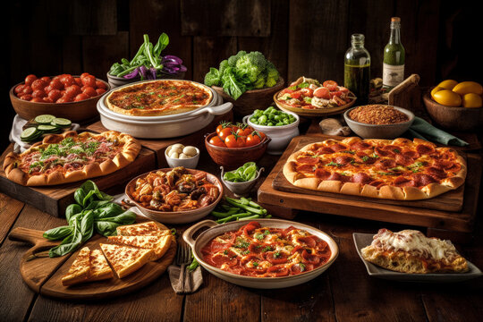 A variety of pizzas displayed on a table created with Generative AI technology