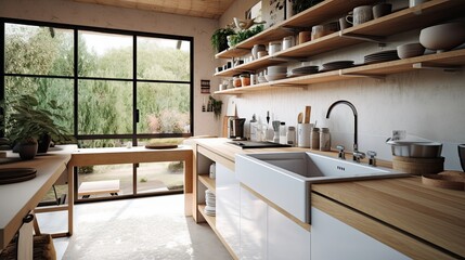 A side view of a modern kitchen interior with a large farmhouse sink and an open shelve. Generative AI