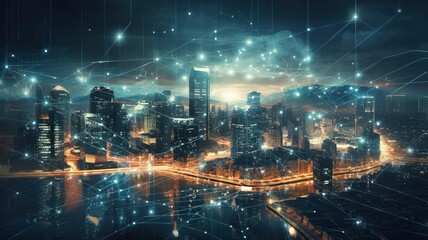 Plakat Futuristic city connected with future digital technology. Generative AI
