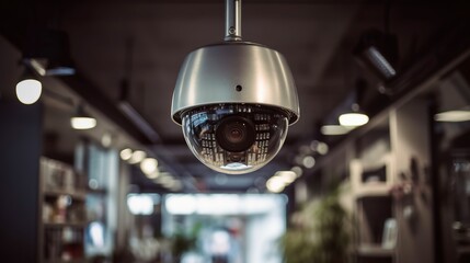 Cctv camera in supermarket, security or surveillance system in the store. Generative AI