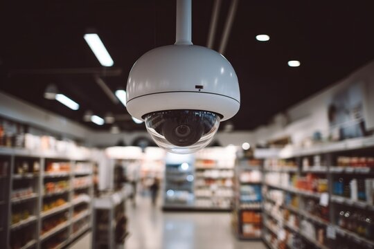 Cctv camera in supermarket, security or surveillance system in the store. Generative AI