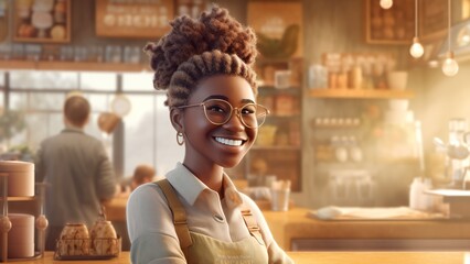 3D cartoon illustration of smiling african american female barista, standing at counter in coffee shop, taking order for cup of coffee. Generative AI
