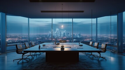 Large boardroom in modern office with great view. Generative AI