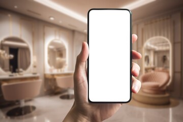 Beauty salon booking app, phone mockup with blank white screen. Generative AI