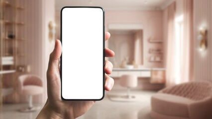 Beauty salon booking app, phone mockup with blank white screen. Generative AI