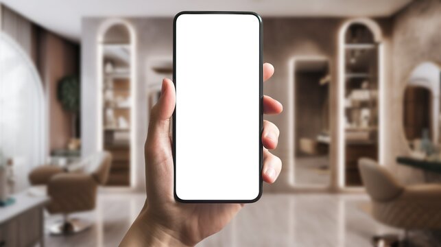 Beauty salon booking app, phone mockup with blank white screen. Generative AI