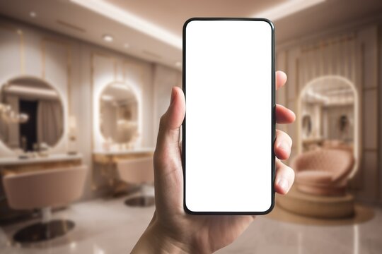 Beauty salon booking app, phone mockup with blank white screen. Generative AI