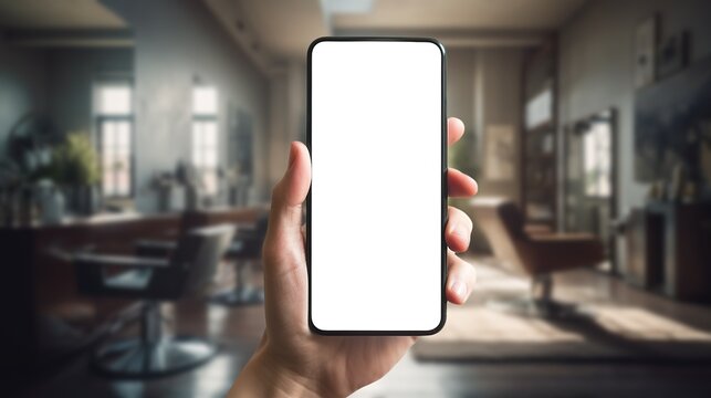Beauty salon booking app, phone mockup with blank white screen. Generative AI