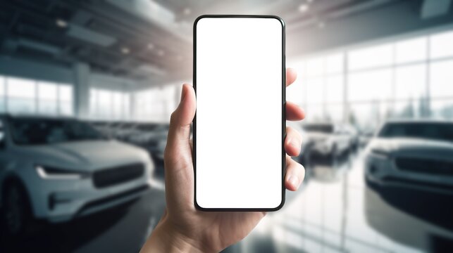 Car-buying app phone mockup, blank white screen for auto dealership application, helping to buy used car. Generative AI