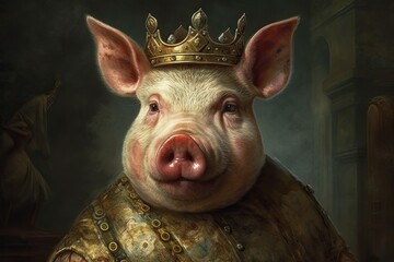 Renaissance portrait of anthropomorphic medieval pig queen wearing crown, oil painting. Generative AI - obrazy, fototapety, plakaty