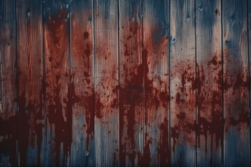 Horror wood blood stain background, grunge rough wooden plank wallpaper. AI generative