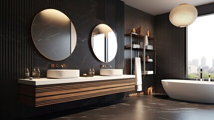 A sleek and modern bathroom with a double sink and a large mirror on a dark wall. Generative AI 