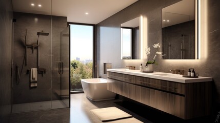 Fototapeta na wymiar A sleek and modern bathroom with a glass shower and double mirrors. Generative AI 
